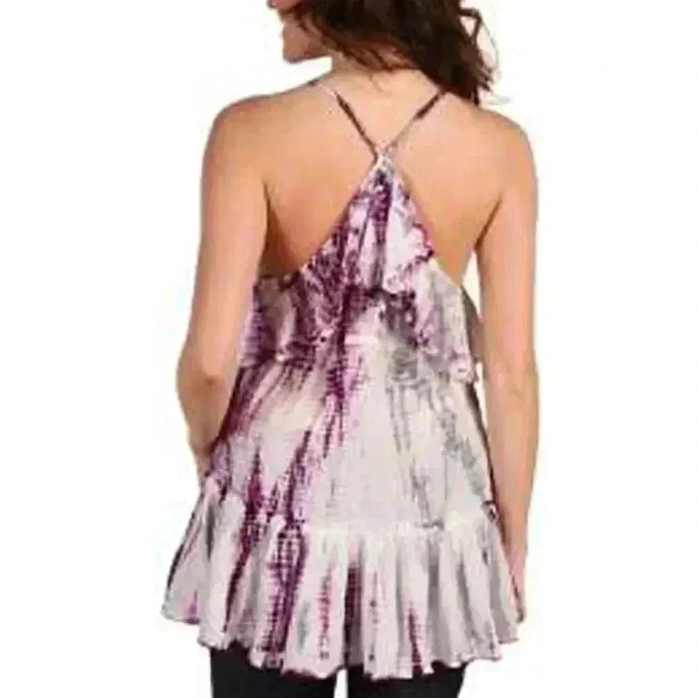 Free People Tie-Dyed Ruffle Beaded Flutter Top XS - Picture 2 of 5